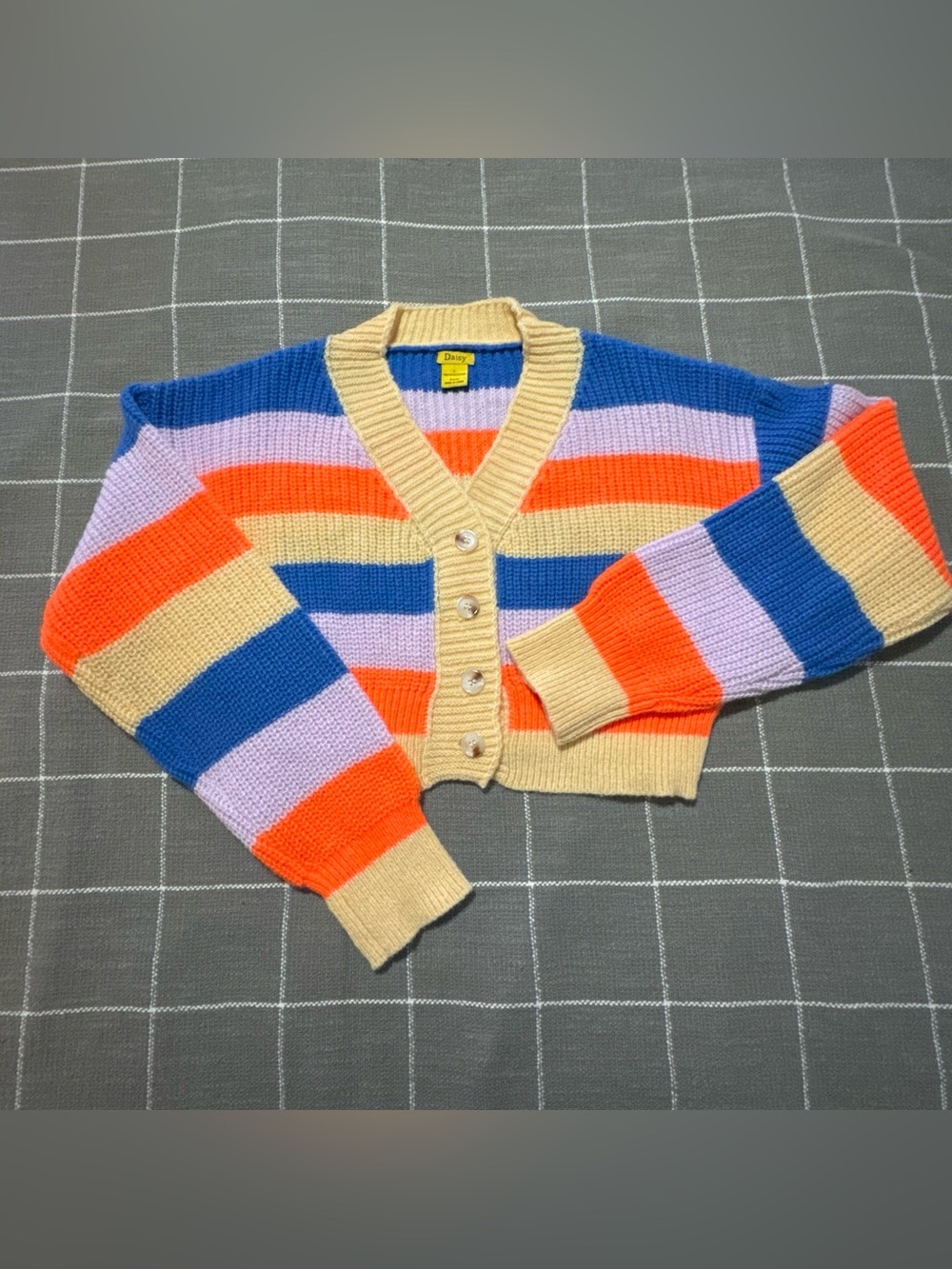 Daisy Striped Cardigan Sweater in Cream, Blue, Orange, Lavender